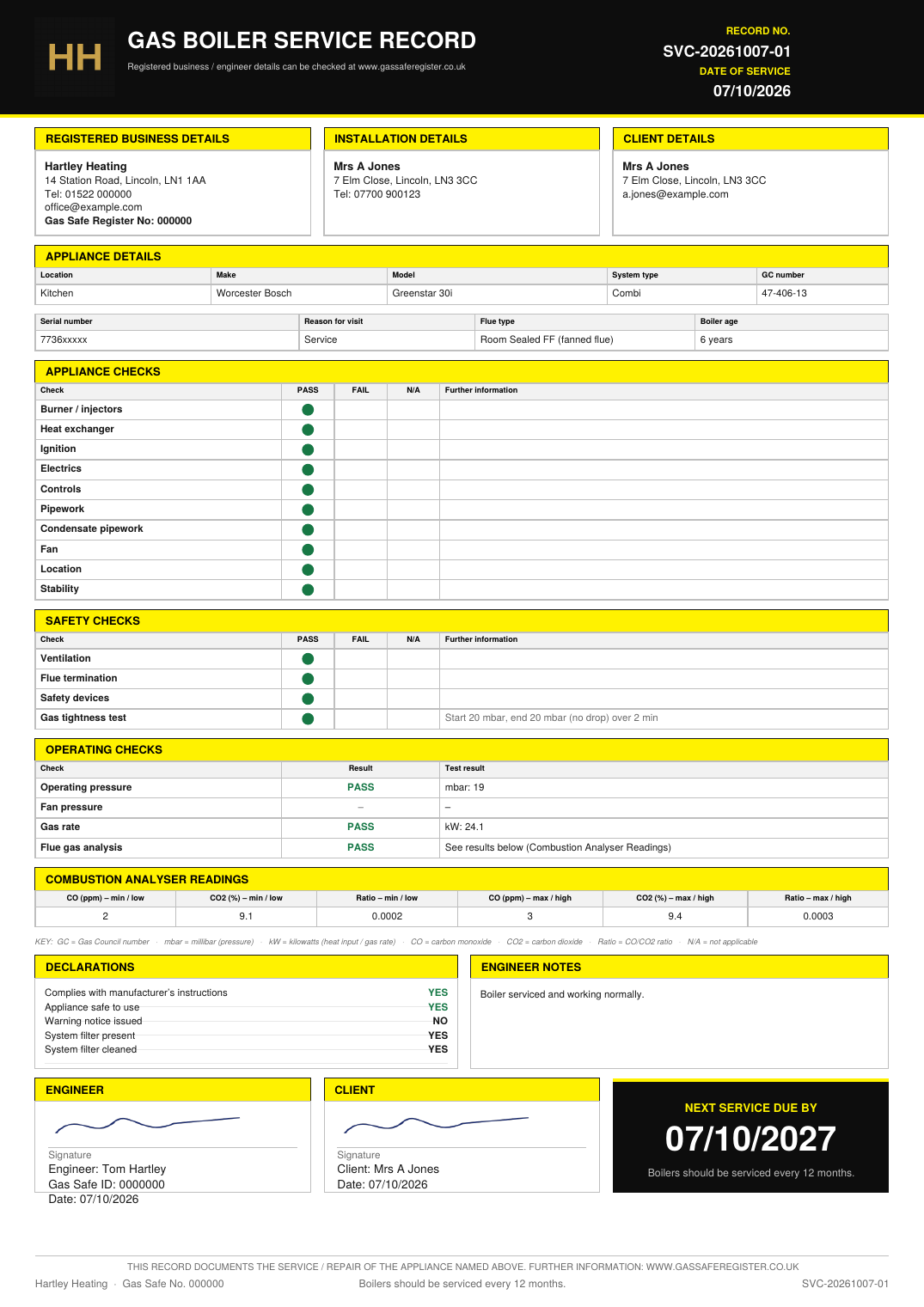 A boiler service record PDF