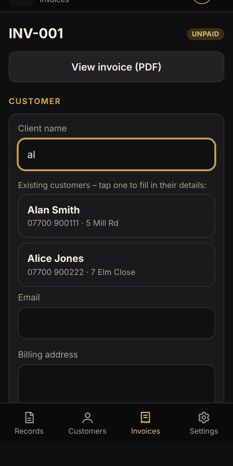 An invoice being created with a client suggested as you type